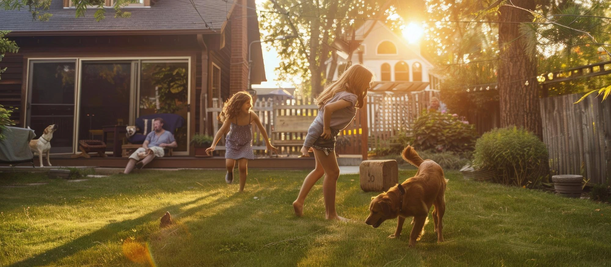 Kinder spielen mit dem Hund im Garten vor dem eigenen Haus